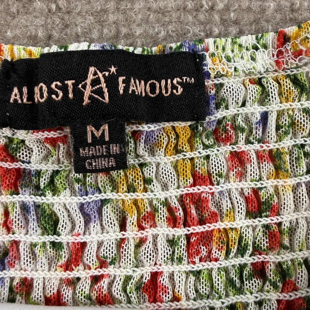 Almost Famous Women Floral Mesh Ruched Crop Top Long Sleeve Smocked Back M Y2K - Picture 4 of 8